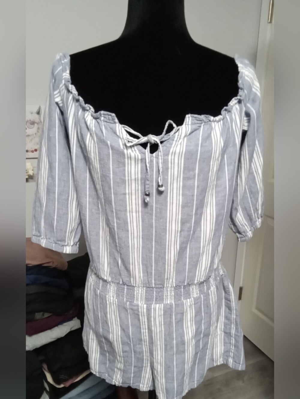 5/$20**GBG Medium Blue And White Off The Shoulder Romper